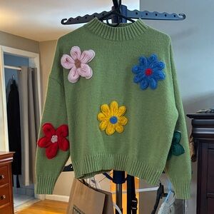 Green Floral Embellished Sweater